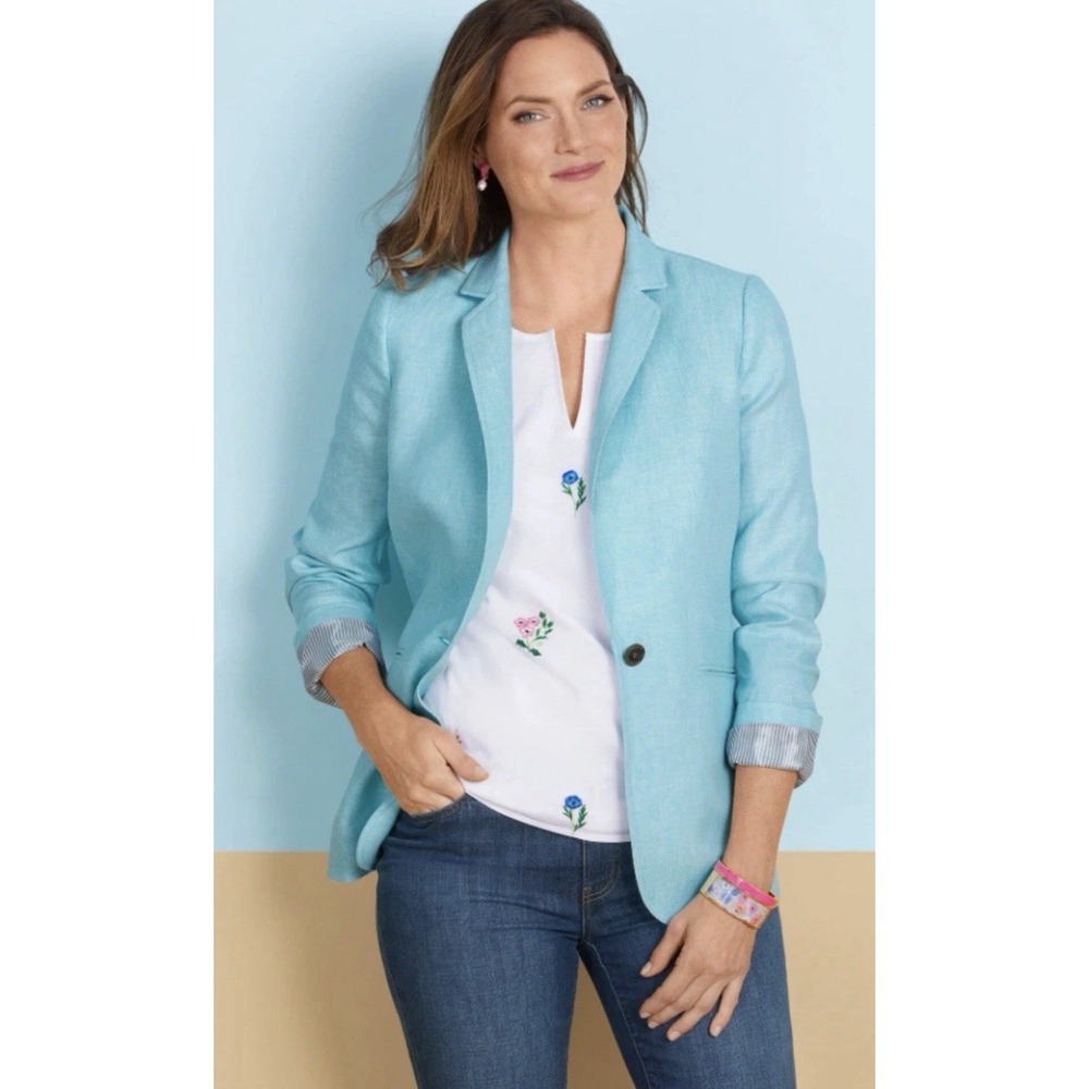 Talbots Twill Linen Blazer Jacket‎ Women's Size 14 Aqua White Coastal Beachcore